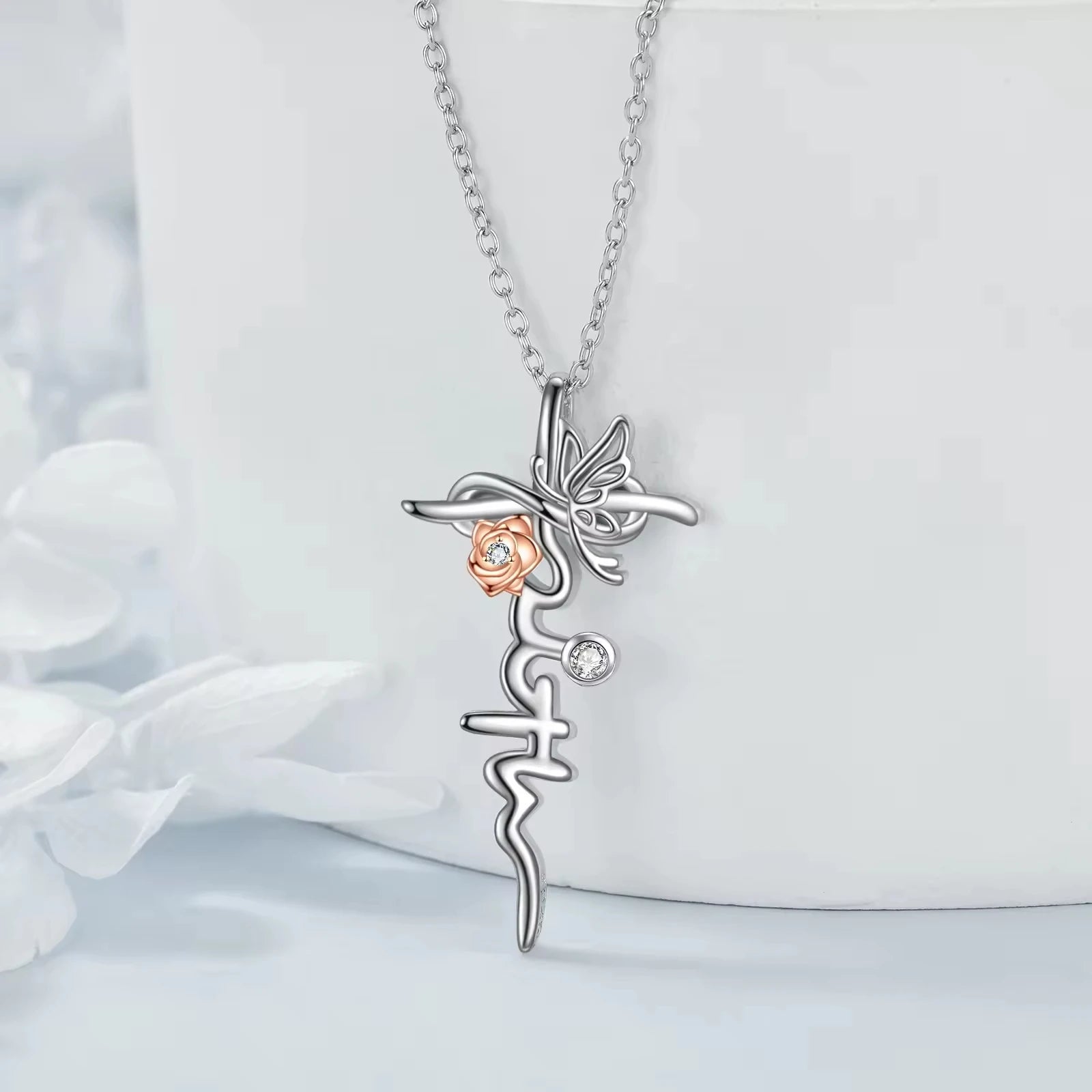 925 Sterling Silver Rhodium Plated&Rose Gold Plated Flower Butterfly Cross Pendant Necklace