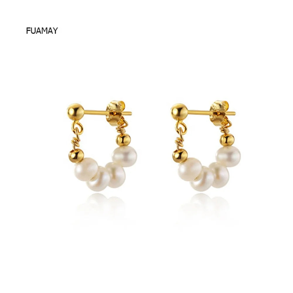 FUAMAY 18K Gold Plated 925 Sterling Silver Earring Stud Oval White Pearl Earrings