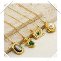 18K Gold Plated Stainless Steel Necklace with Geometric Natural Stone Pendant Fashionable Collarbone Chain and Pearl Jewelry