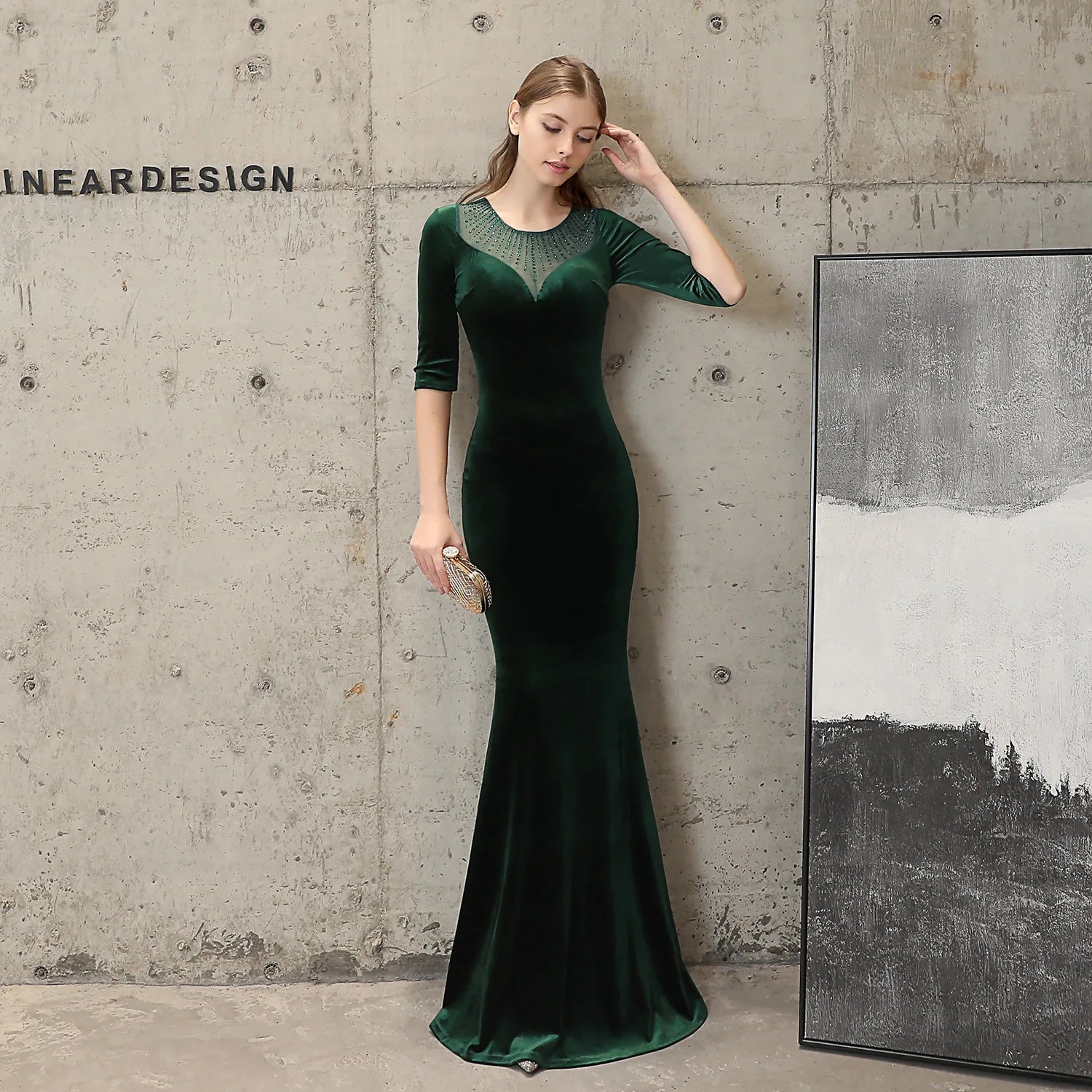 18037#  Female High-end Atmosphere Elegant Banquet Annual Temperament Black Velvet Evening Dress