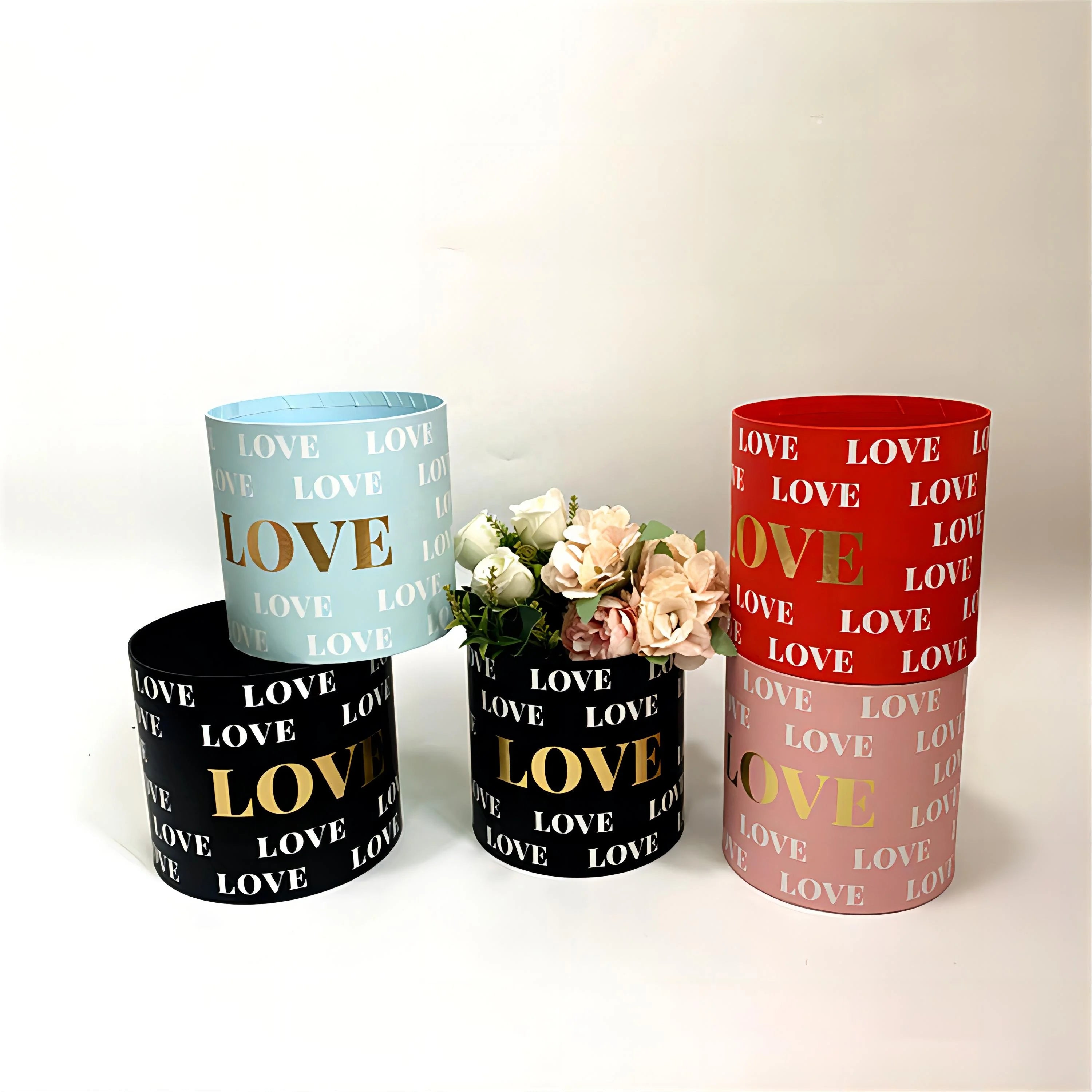 Factory Sales Gold Embossed Round Lidless Flower Gift Box Set 2 Hug Bucket Style Printed in English