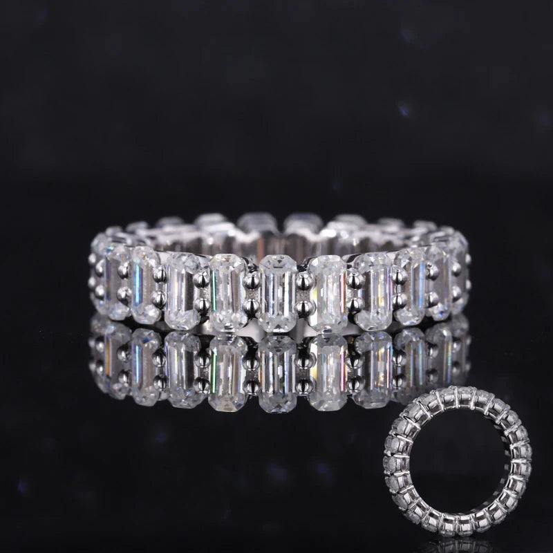 9k Solid White Gold with 2*4mm Emerald Cut Moissanite Wedding Band Ring