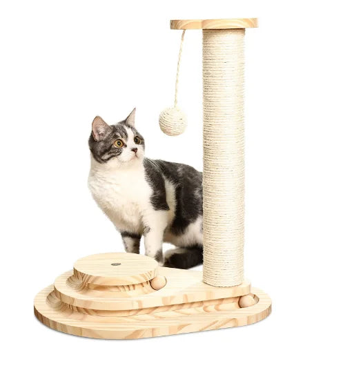 Wholesale Solid Pine Wood Cat Toy with 3-Level Scratching Board Sisal Scratcher Tree Cat Tease Toy in Carton Packaging