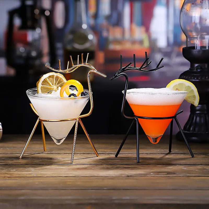 Creative Black Silver Gold Colorful Iron Rack Transparent Triangle Cup Deer Crystal Margarita Martini Cocktail Glassware Set