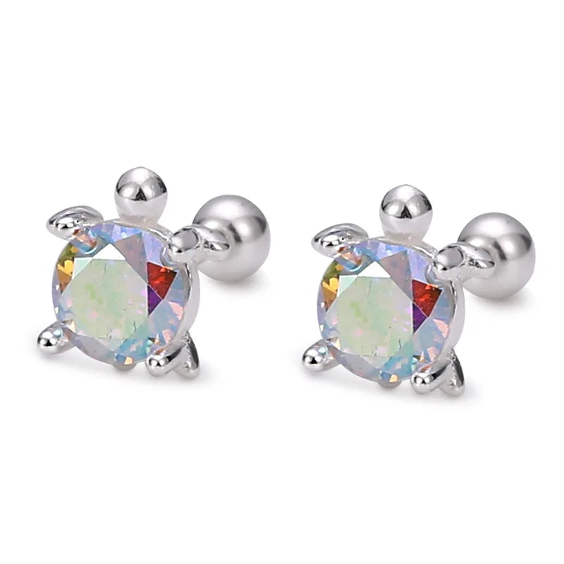 Dainty 999 Sterling Silver Colorful Zircon Turtle Screw Back Stud Earring Cute Animal Cz Diamond Cartilage Earrings for Women