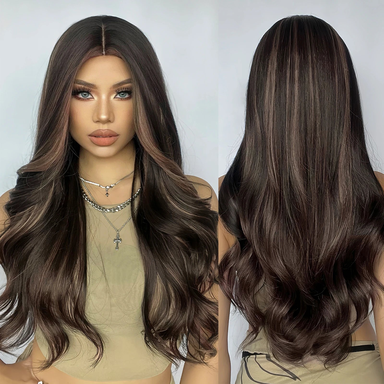 Factory Shipment Brown Long Body Wave Synthetic Wigs Highlight Mixed Color Wig for Women Daily Natural Looking Hair Wig