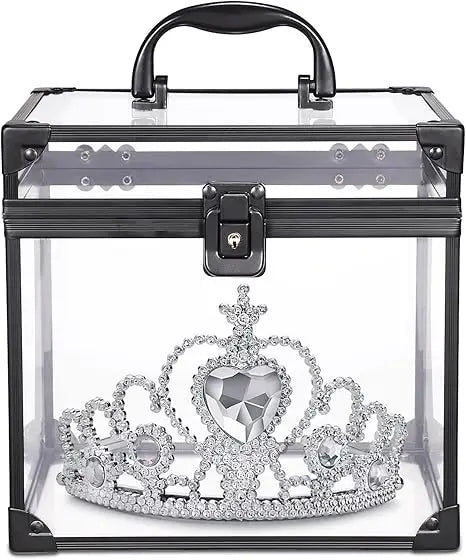 Toiletry Organizer Box 8x7x7.5inch Clear Crown Box Train Case with Latches & Handle Travel Makeup Tools Storage Organizer