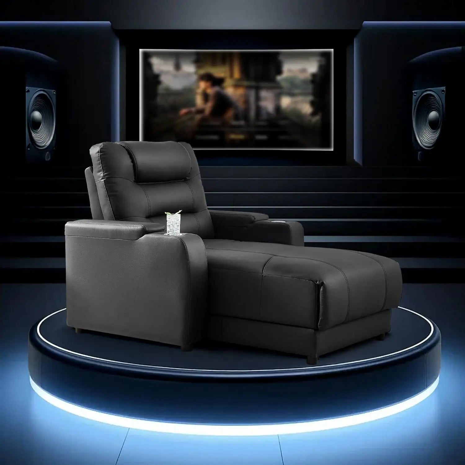 Black Leather Recliner Sofa for Home Theater Power Reclining Cup Holder Chair with Row 1 for Living Room Coffee Tables