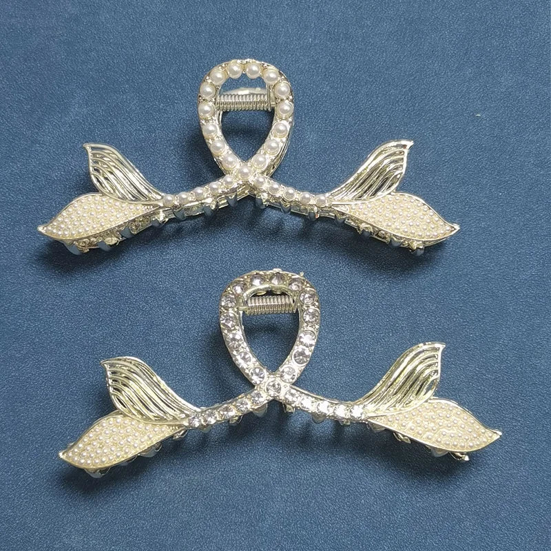 New Arrival Large Size Alloy Metal Hair Clips Pearl Rhinestone Fishtail Hair Claw Fashion Shark Clips Women Hair Accessories