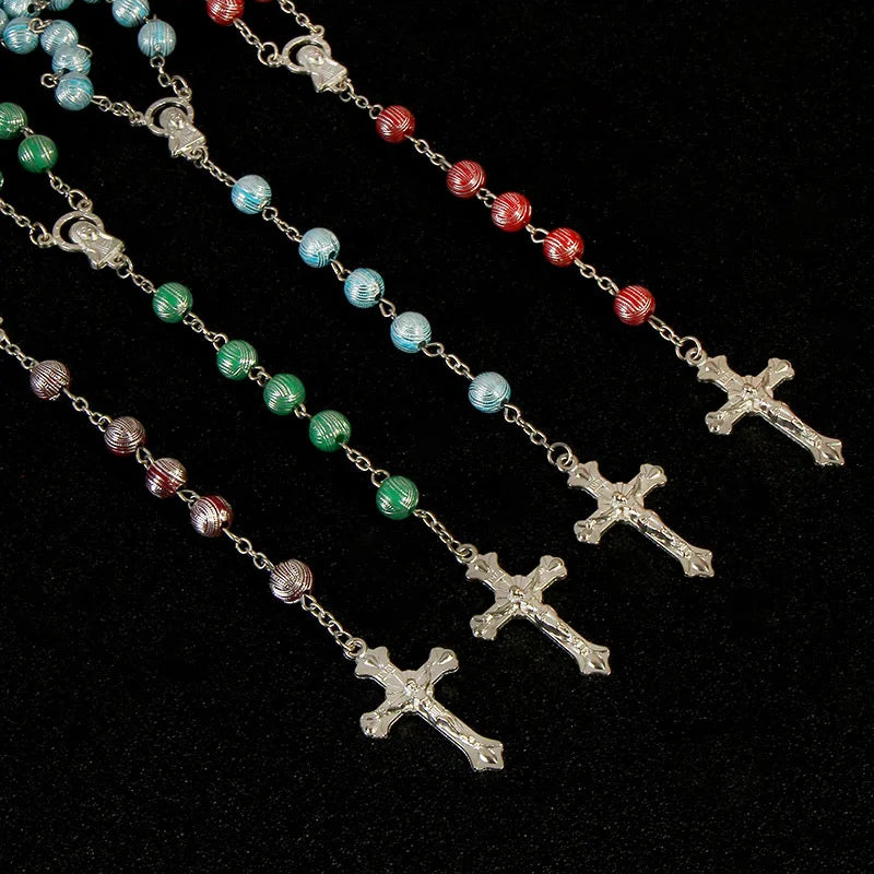 JC Crystal Wholesale 8mm Beaded Necklaces Alloy Cross Rosary with Virgin Mary and a Cross Rosary Necklace