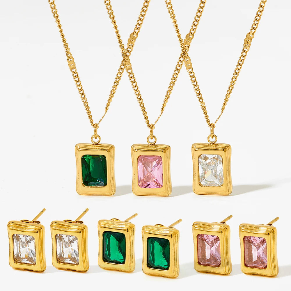 New Trendy  Gold Plated Stainless Steel Green Jewelry Emerald Square Cubic Zirconia Necklace Stud Earrings Set for Women