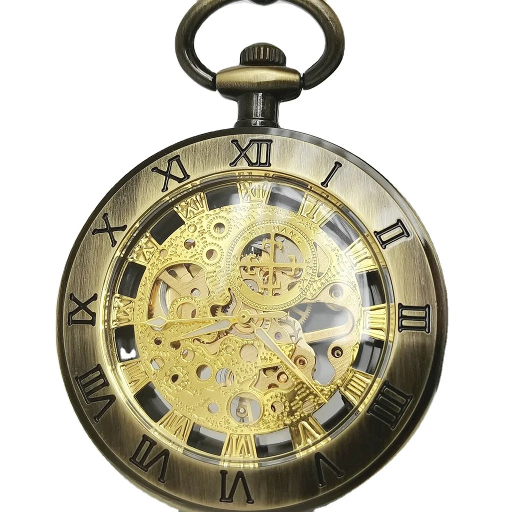 Weflourish MP0092 Antique Skeleton Mechanical Movement Hand Winding Zinc Alloy Case Roman Pocket Watch