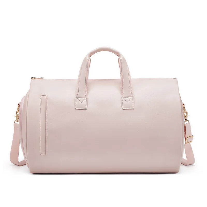 New Custom Logo PU Foldable Pink Travel Gym Leather Duffle Suit Carry on Garment Bag for Women