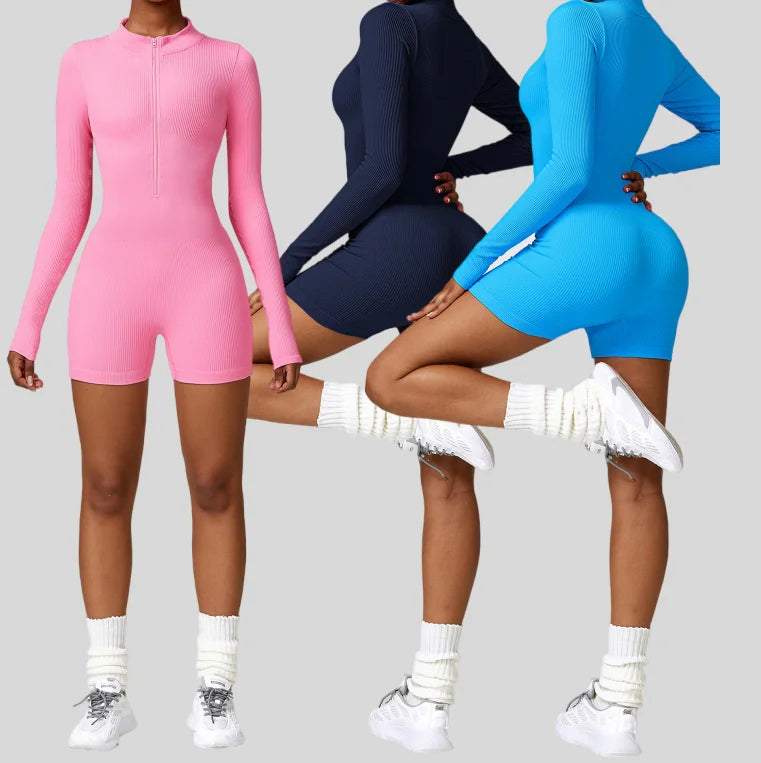 Women's Seamless Yoga Jumpsuit Winter Sports Dance Bodysuit Elastic Zipper Tight Fitness Playsuits Casual Abdominal Sports