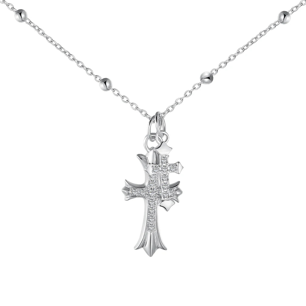 Dylam Luxurious Fine Jewelry Sterling Silver Rhodium 18K Gold Plating Religious 5A Zirconia Double Cross Pendant Necklace