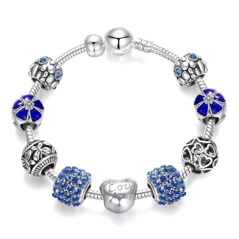Luxury Silver Plated Snake Chain Charm Austrian Zircon Crystal Beads Bracelet Jewelry for Women