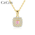 CZCITY Women Engagement Gift Luxury Jewelry Chain 925 Sterling Silver Pink CZ Square Pendant Necklace