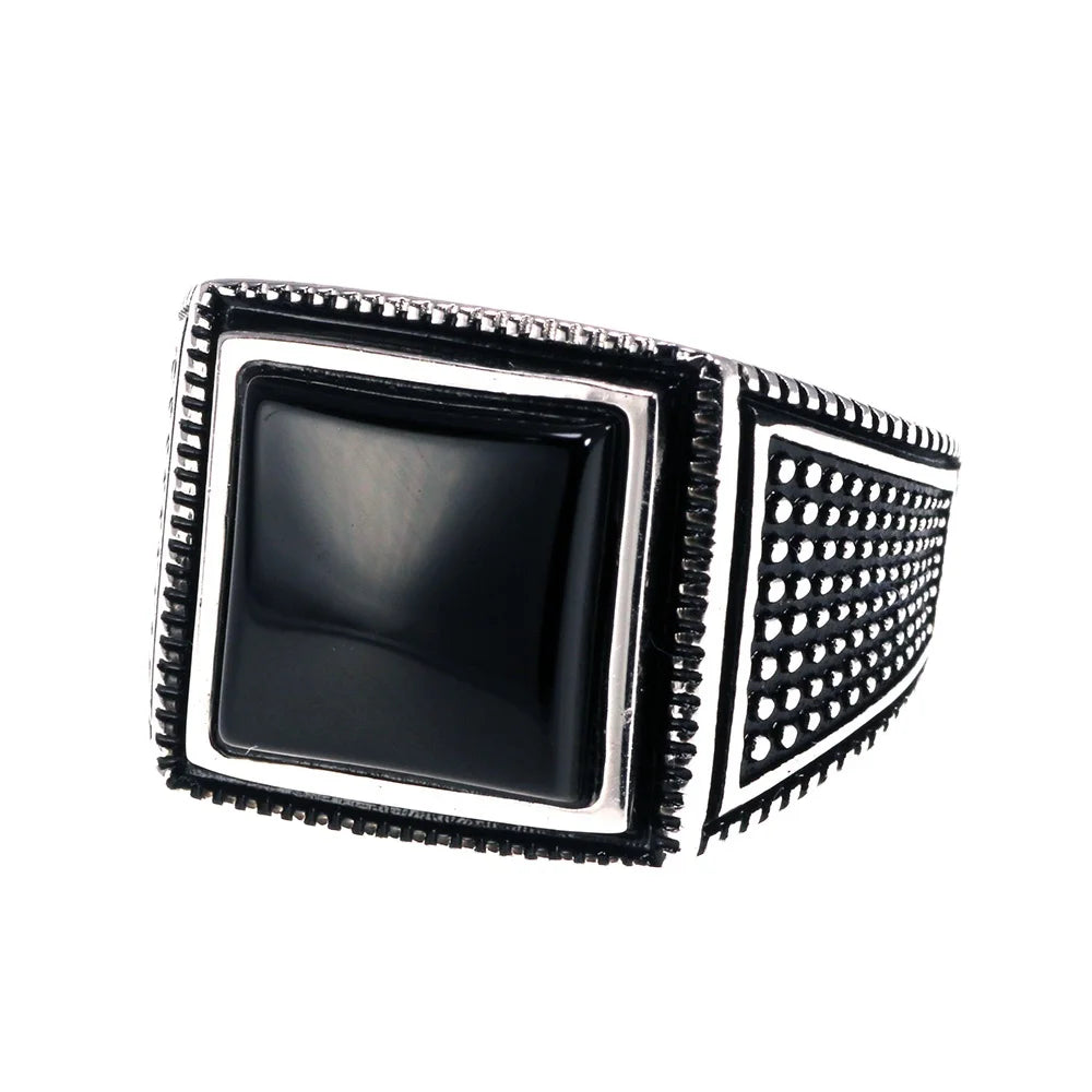 925 Sterling Silver Turkish Men Rings with Black Natural Agate Stone Simple Geometric Design Wedding Rings for Men Size 7-13