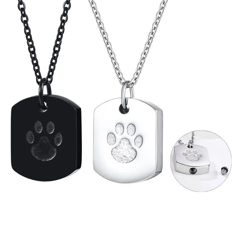 SC Hot Selling Square Engraved Cat Dog Pet Paw Memorial Necklace Openable Stainless Steel Pet Cremation Ashes Urn Necklace