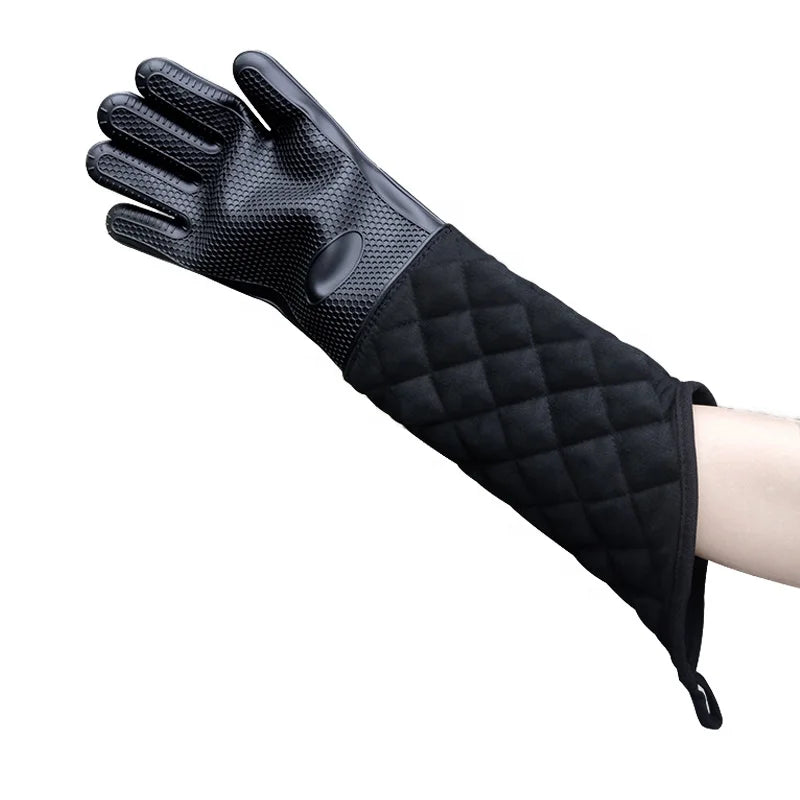 Extra Long 60cm Household BBQ Grill Oven Mitts Heat Resistant Kitchen Honeycomb Silicone Cotton Gloves