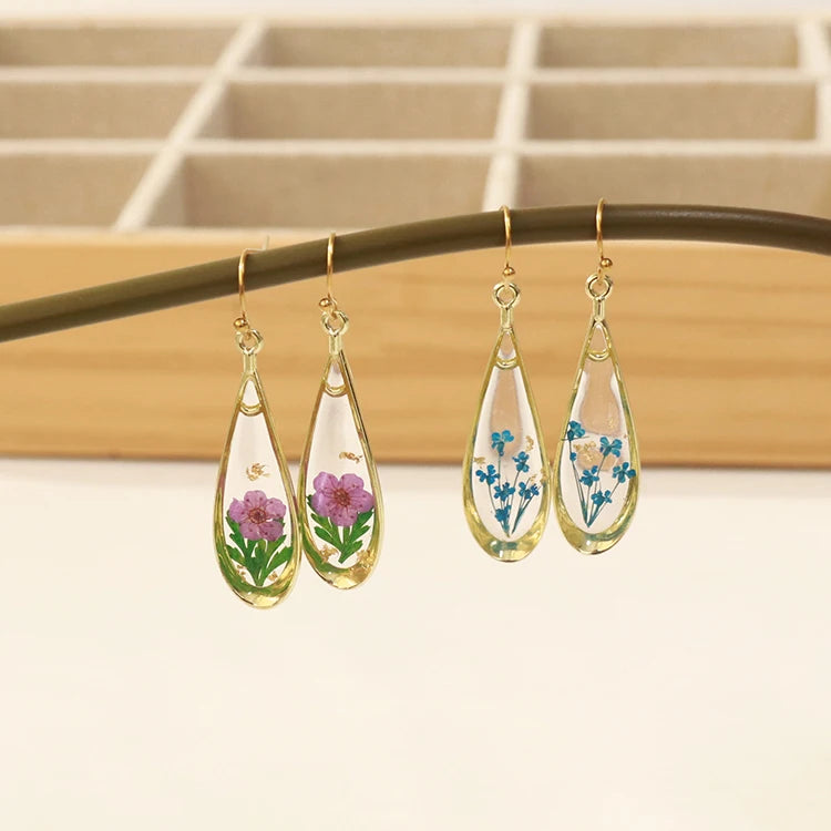Wholesale Natural Preserved Rose Flower Earrings Clear Resin Inlaid Handmade Women Fashion Accessories Jewelry