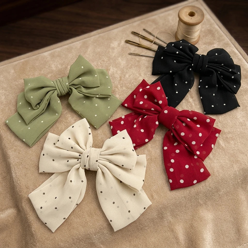 Factory Wholesale GLORY Brand BSCI Certified Korean Style 9 Colors Dots Fabric Big Bow Clips Red Spots Hair Clips for Girls