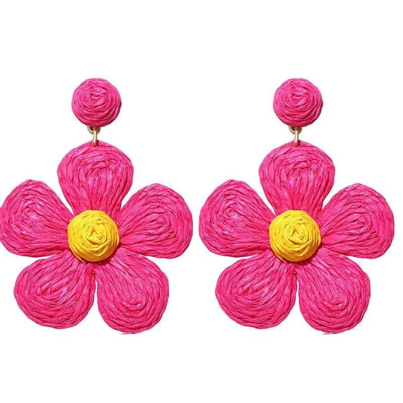 Handmade Women Statement Colored Flower Pendent Drop Raffia Straw Earring