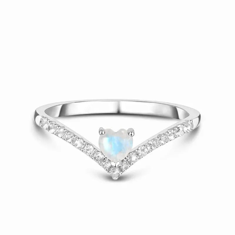 Micro Zircon Brilliant Heart Cut 925 Sterling Sliver Moonstone Letter V Shaped Ring