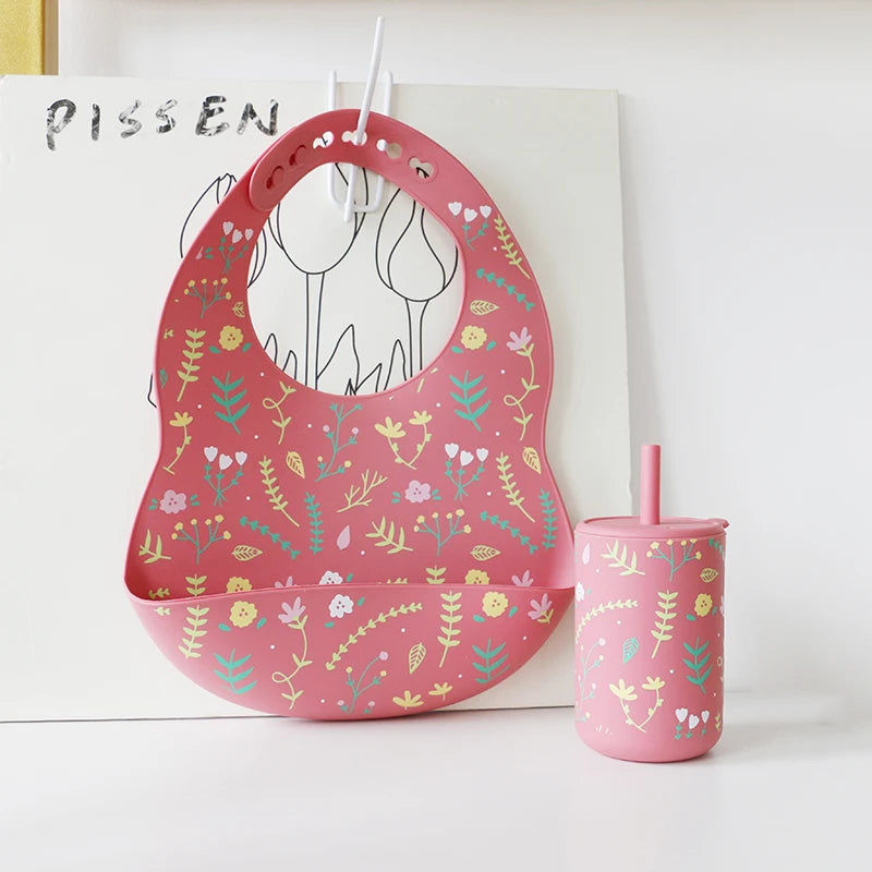 Wholesale Available Printed Patterns 2 Stocks Colors Silicone Bib Cup Set for Baby Kids Dining Tableware Food Set