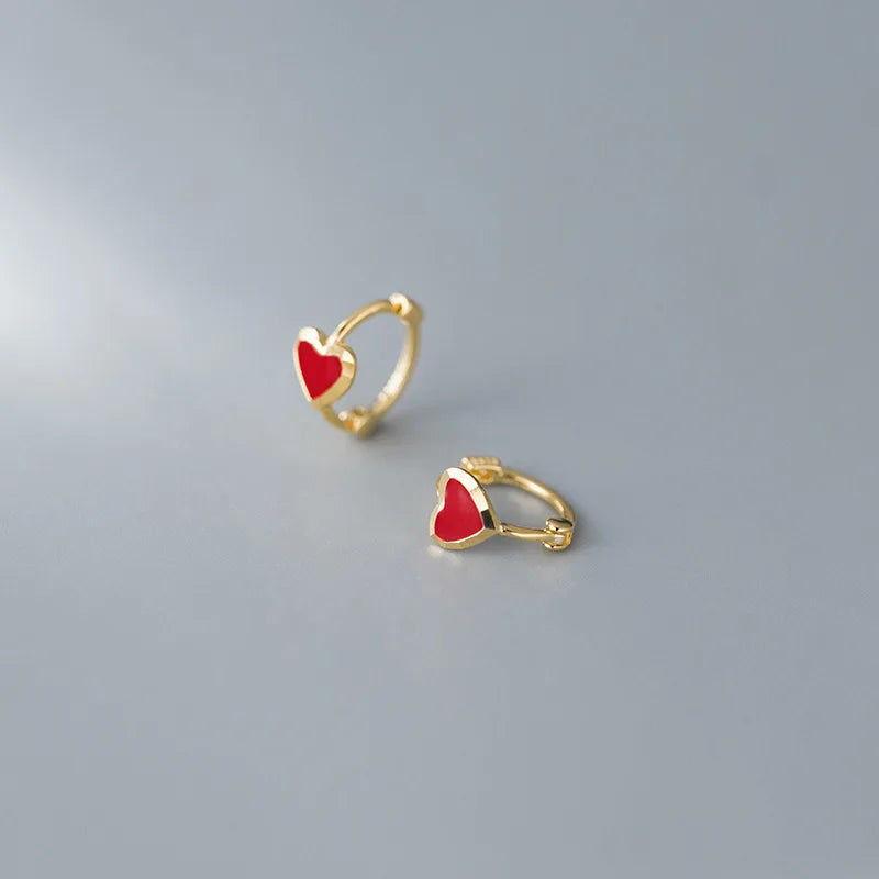 Romantic 925 Sterling Silver Heart Earrings Red Enamel Gold Plated Fine Jewelry Geometric Love Heart Hoop Ear Weddings Parties