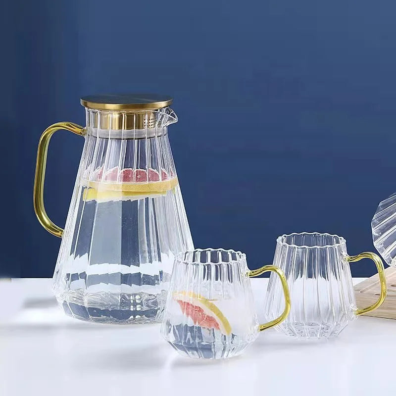 Juice Water Teapot Milk Coffee Beverage Carafe Jug Large Capacity Clear Vertical Striped High Borosilicate Glass Pitcher Set