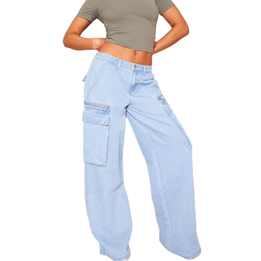 Fashion Light Blue Wash Pocket Zip Detail Wide Leg Jeans