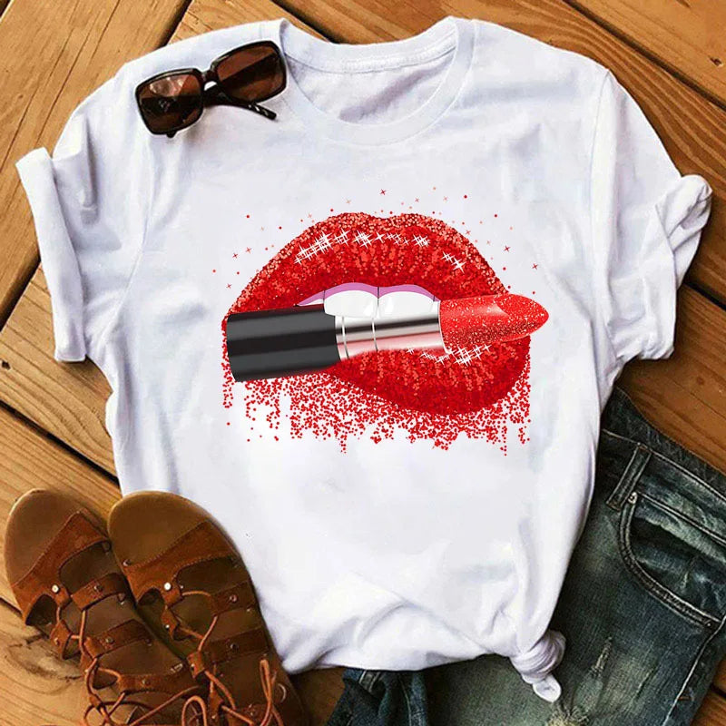 Women Tops O-neck Basic Tees Kiss Lip Lipstick Summer Female Soft Stretchable T Shirt Graphic Print Girls T-Shirts Feminina