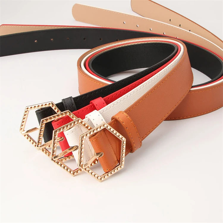 Wholesale Soft Women's PU Faux Leather Belt with Hexagonal Alloy Pin Buckle Colorful Western Waist Belt Ladies Fashion Accessory