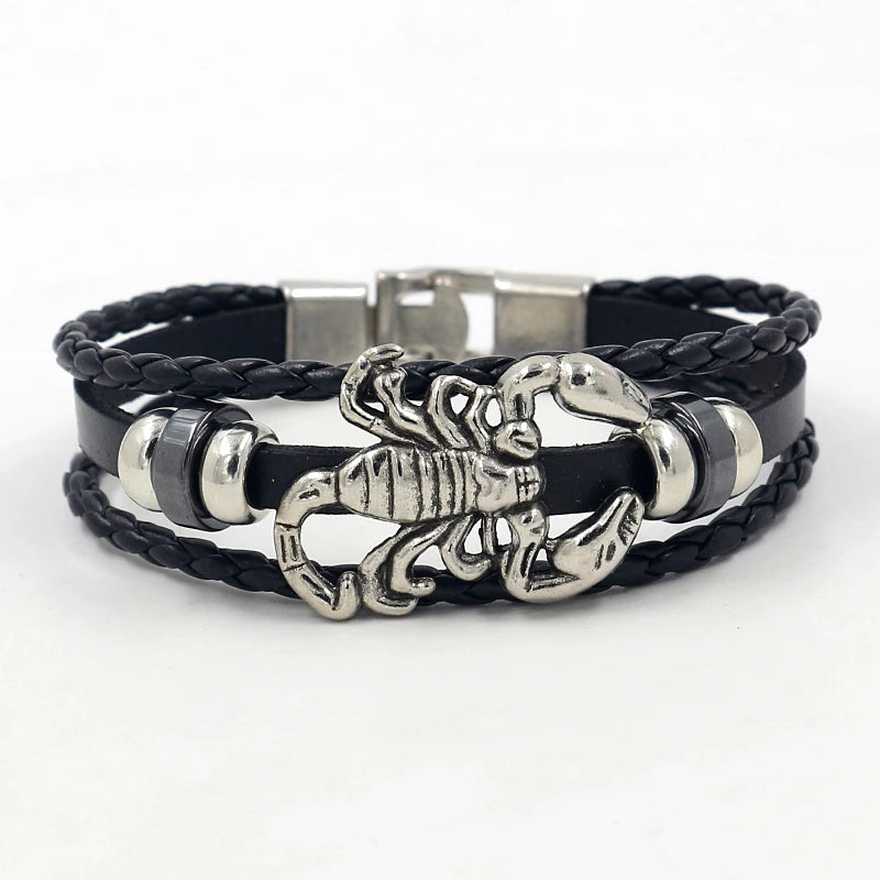Punk Jewelry Vintage Alloy Scorpion Multiple Leather Beaded Wrap Bracelets for Men