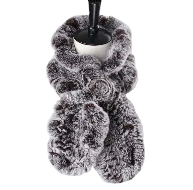 MWFur Fashion Winter Women Rabbit Fur Neckerchief  Short Style Hand Knit Soft Rex Rabbit Fur Scarf Waved Shape Neck Warmer