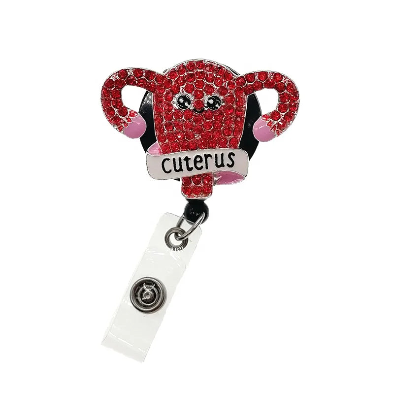 Red Rhinestone Cuterus Retractable Badge Reel Cute Funny Nursing Badge Alligator Clip for Nurse Gift