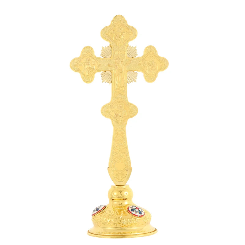 HT Russian Orthodox Standing Cross Gold Plated Metal Crucifix Jesus Cross Church Altar Decor Christian Religious Gift