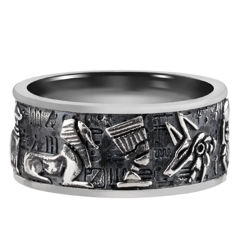 Silver Ring Men's Single Tail Index Finger Fashion Jewelry Hand Hammer Ring 925 Silver Embossed Egyptian Gods Horus Anubis Retro
