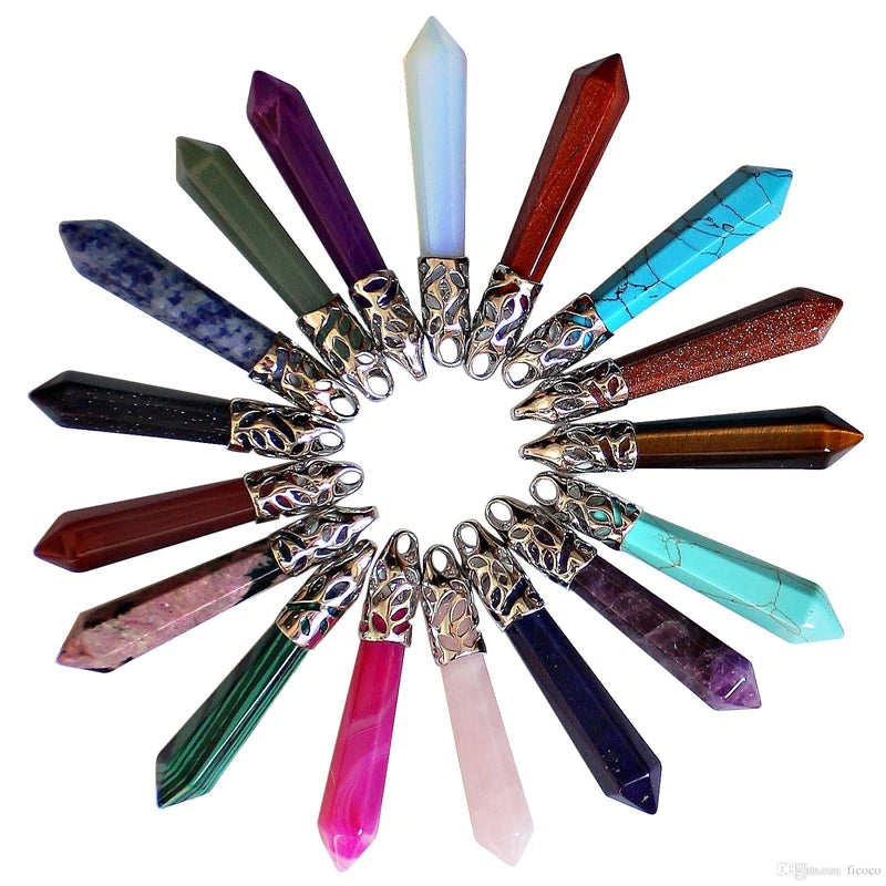 Natural Stone Bullet Shape Fashion Gemstone Pendants Power Necklace Hexagonal Healing Pointed Chakra Stone Charm Necklace MegaBDM