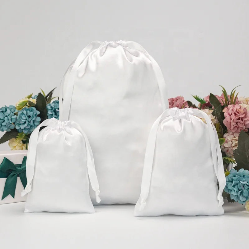 Luxury Soft Promotional White Satin Packaging Bag Gift Packaging Drawstring Pouch with Custom Logo Reusable