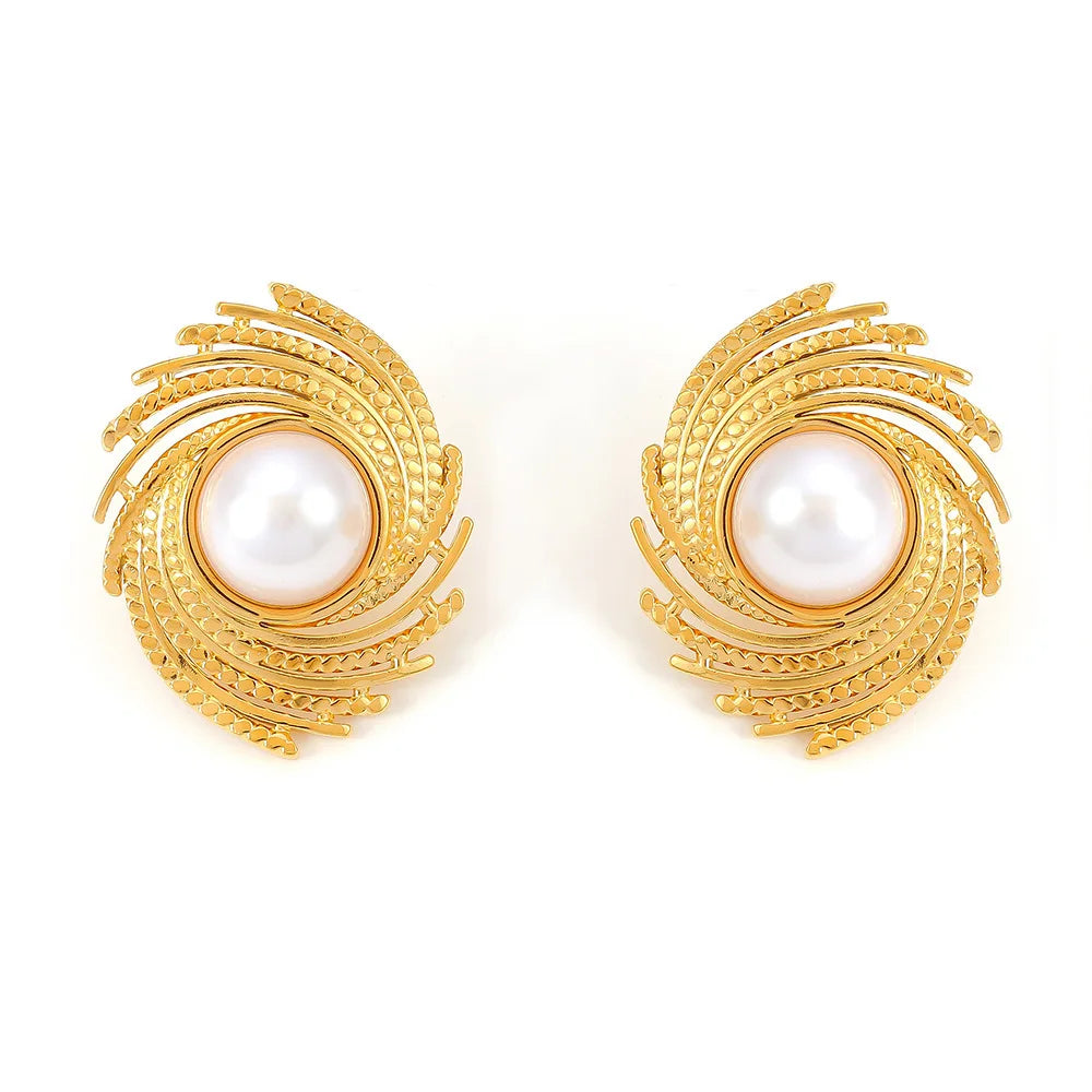 Luxury Vintage Stainless Steel Gold Plated Earrings Tarnish Free Jewelry Geometric Screw Twisted Pearl Stud Earrings for Women