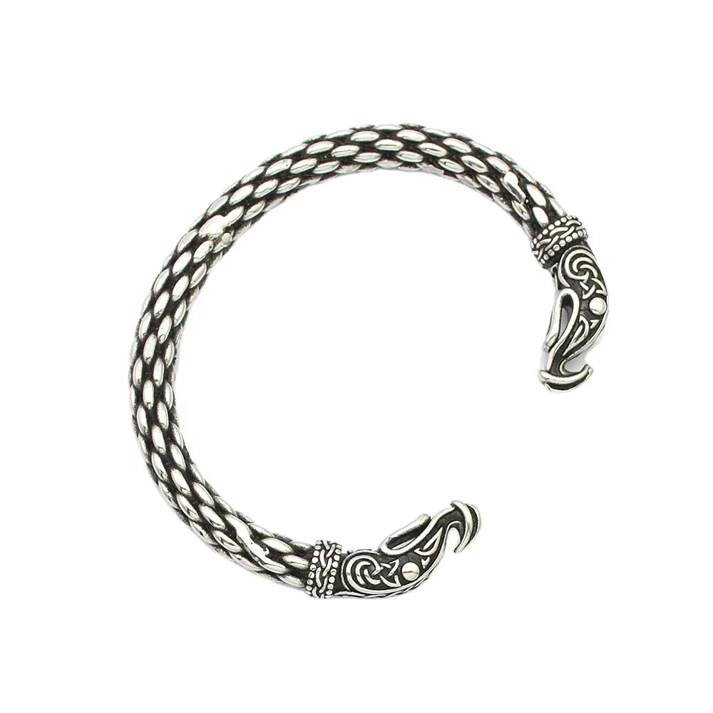 2024 New Jewelry Customized  High Repurchase Rate Open Bangle Wristband Curved Crow Viking Charm Stainless Steel Men's Bangle