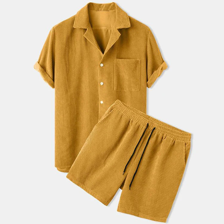 Fashion Men Corduroy Sets Streetwear Short Sleeve Lapel Button Shirts Set Leisure Shorts Solid Color Mens Casual Suits