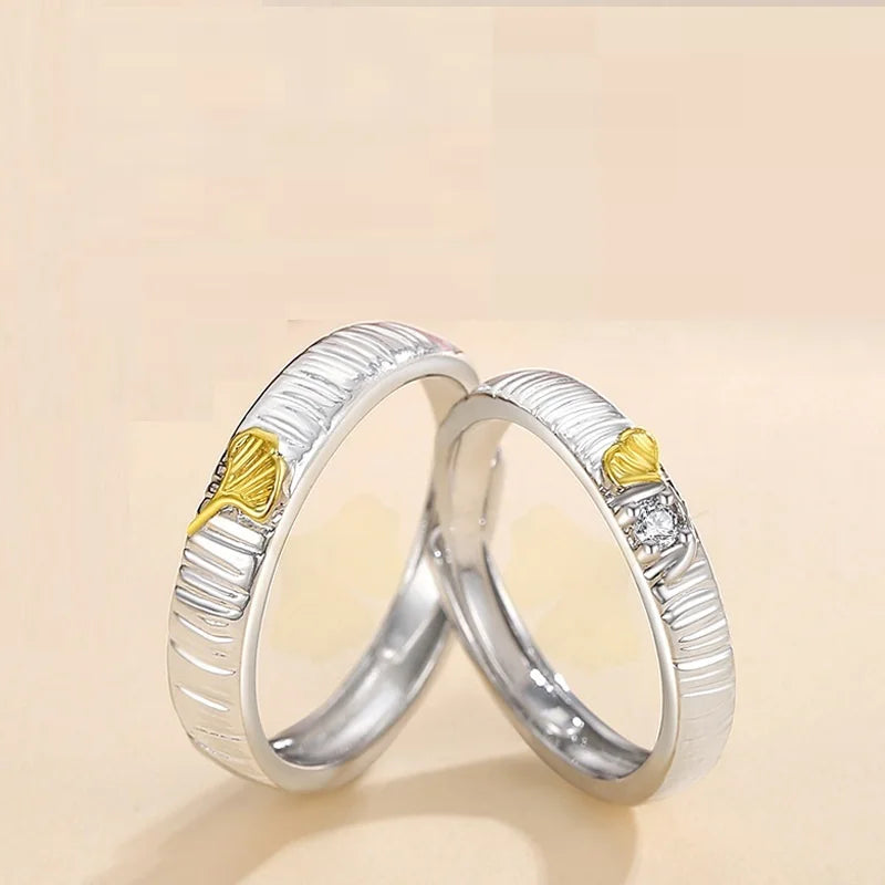 Couple Ring For Wedding Jewelry Valentine's Day Gift Open Adjustable Ring golden ginkgo biloba leaves Couple Ring