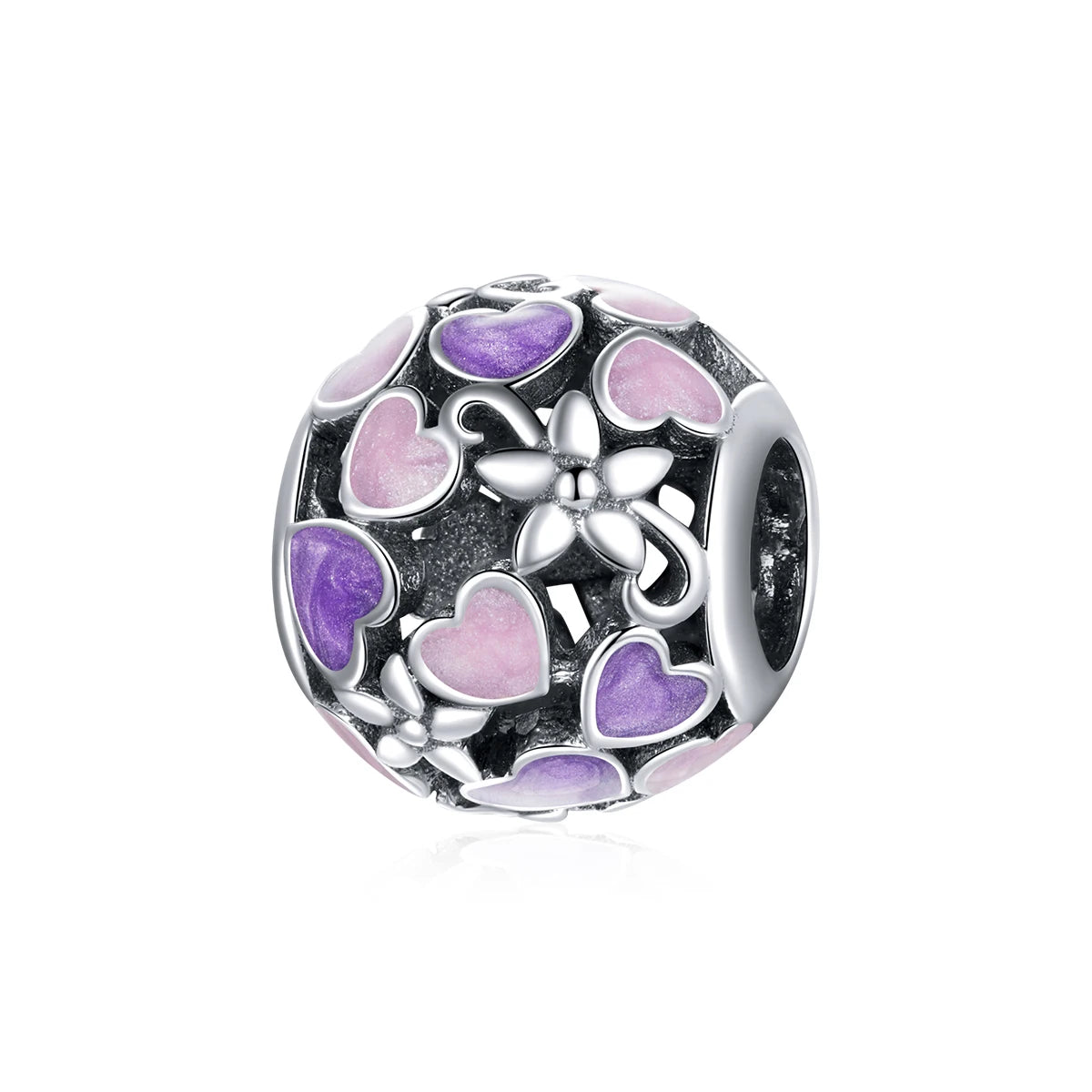 Factory 925 Sterling Silver Enamel Heart Purple Pink Ball Round Flower Charm for Original Bracelet Bangle Jewelry SCC1798
