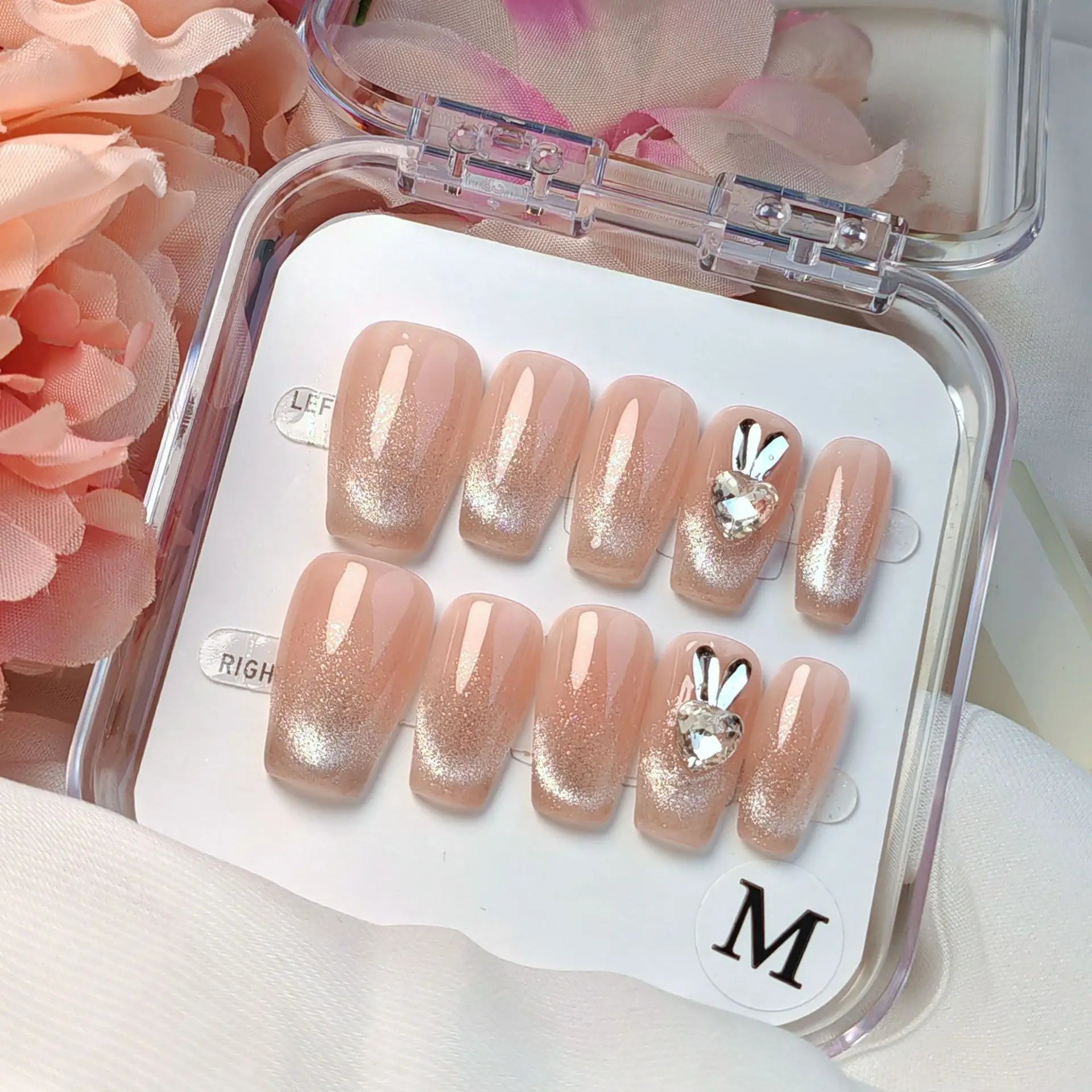 Handmade Private Label Short Coffin Handmade French Design Cat Eye Effective 3D Heart Rhinestone Acrylic Gel Press on Nails