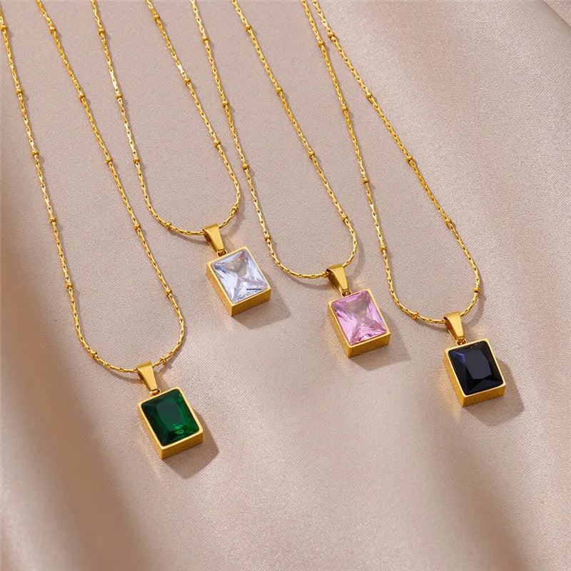 Minimalist Gold Plated Stainless Steel Necklaces Green Pink Black Square Candy Pendant Choker Necklace for Women