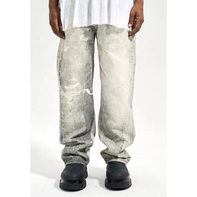 Custom Label Drop Ship Stock Street Wear Stock Men Printing Blue Stacked Flared Denim Jeans