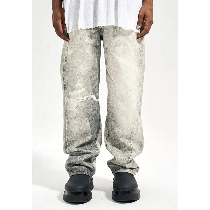 Custom Label Drop Ship Stock Street Wear Stock Men Printing Blue Stacked Flared Denim Jeans